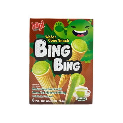 Box of Bing Bing wafer cone snacks with green tea flavor on a white background