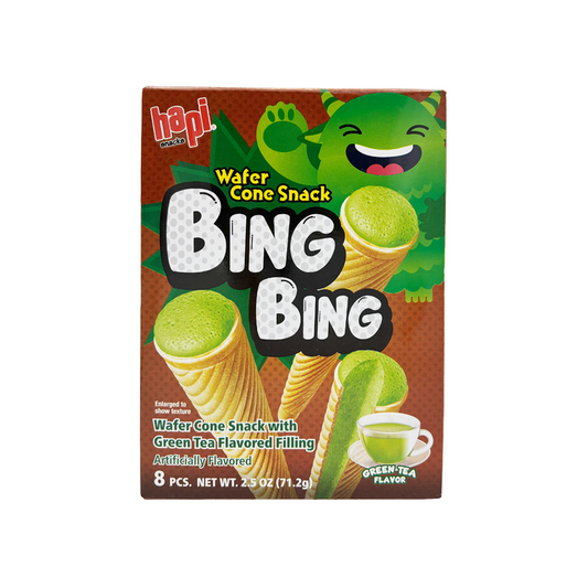 Box of Bing Bing wafer cone snacks with green tea flavor on a white background