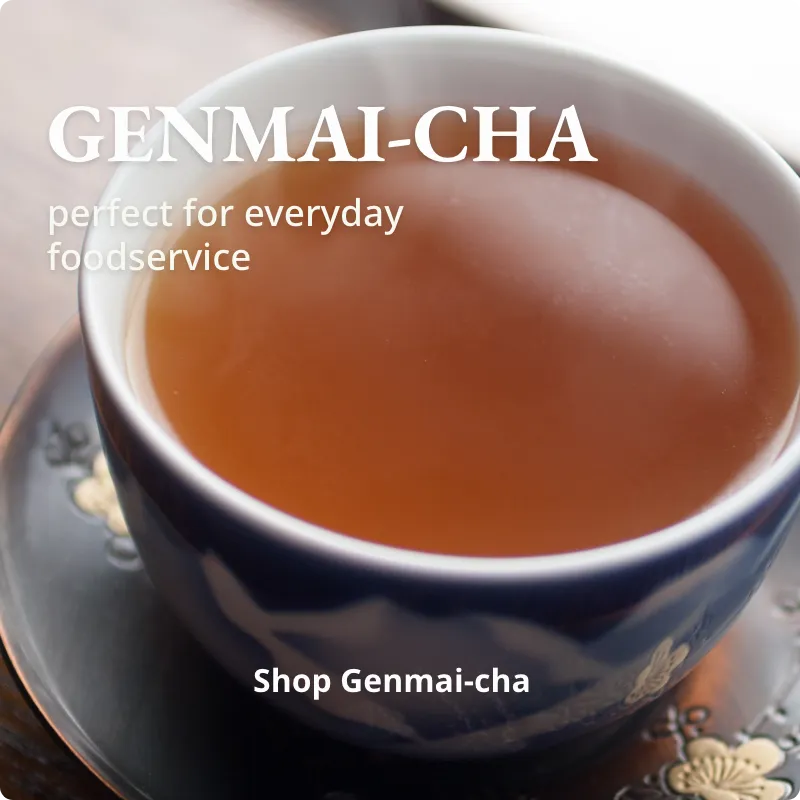 Tea cup with Genmai-cha tea and promotional text on a white background
