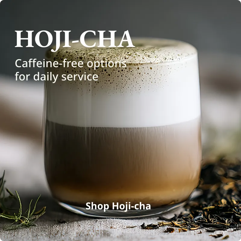 A layered drink in a clear glass with dark brown tea at the bottom and thick white foam on top, styled with loose tea leaves and a sprig of rosemary. Large text reads 'HOJI-CHA' with smaller text 'Caffeine-free options for daily service' and 'Shop Hoji-cha'.