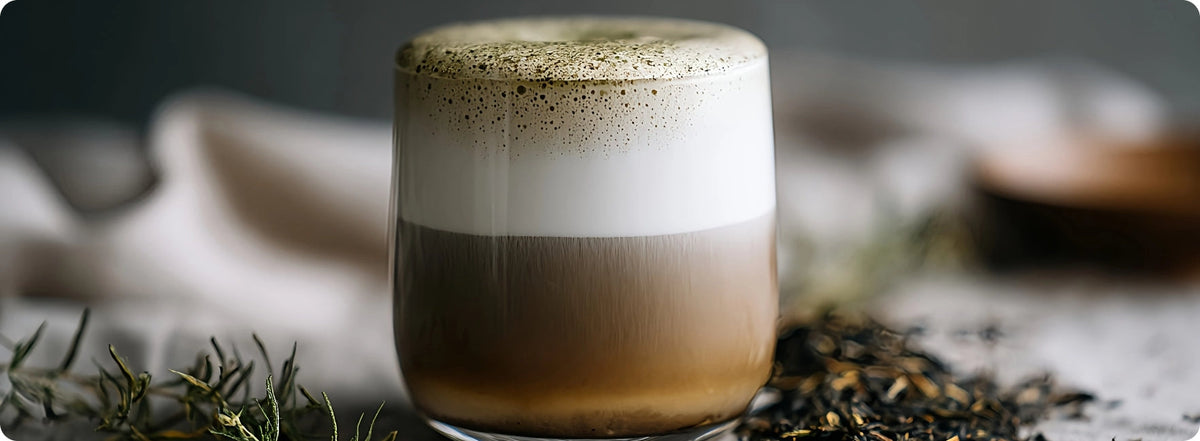 A layered coffee drink in a clear glass with a thick white foam top and dark coffee base, styled on a tabletop with tea leaves and rosemary sprigs.