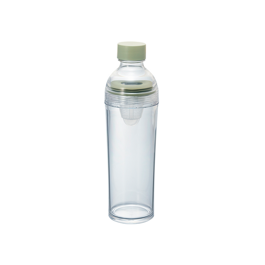A slim, clear plastic portable matcha bottle by HARIO featuring a light green cap and an internal white mesh filter, isolated on a white background.