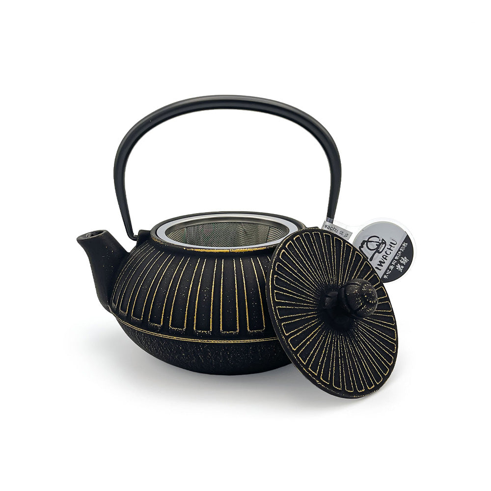 Iwachu Japanese Iron Teapot Tetsubin Gold and Black Chrysanthemum